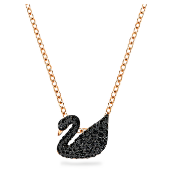swarovski قلادة swan، شكل بجعة، حجم صغير، لون أسود، لمسة نهائية من الذهب الوردي عيار 18 قيراط