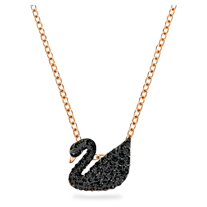 swarovski قلادة iconic swan بحلية متدلية صغيرة، لون أسود، طلاء ذهبي وردي