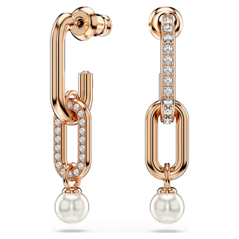 swarovski أقراط متدلية constella، لؤلؤ كريستال، قطع مُستدير، لون أبيض، لمسة نهائية من الذهب الوردي عيار 18 قيراط