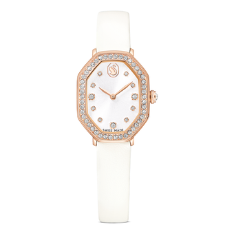 swarovski ساعة dextera octagon، صناعة سويسرية، سوار جلد، لون أبيض، لمسة نهائية بلون ذهبي وردي