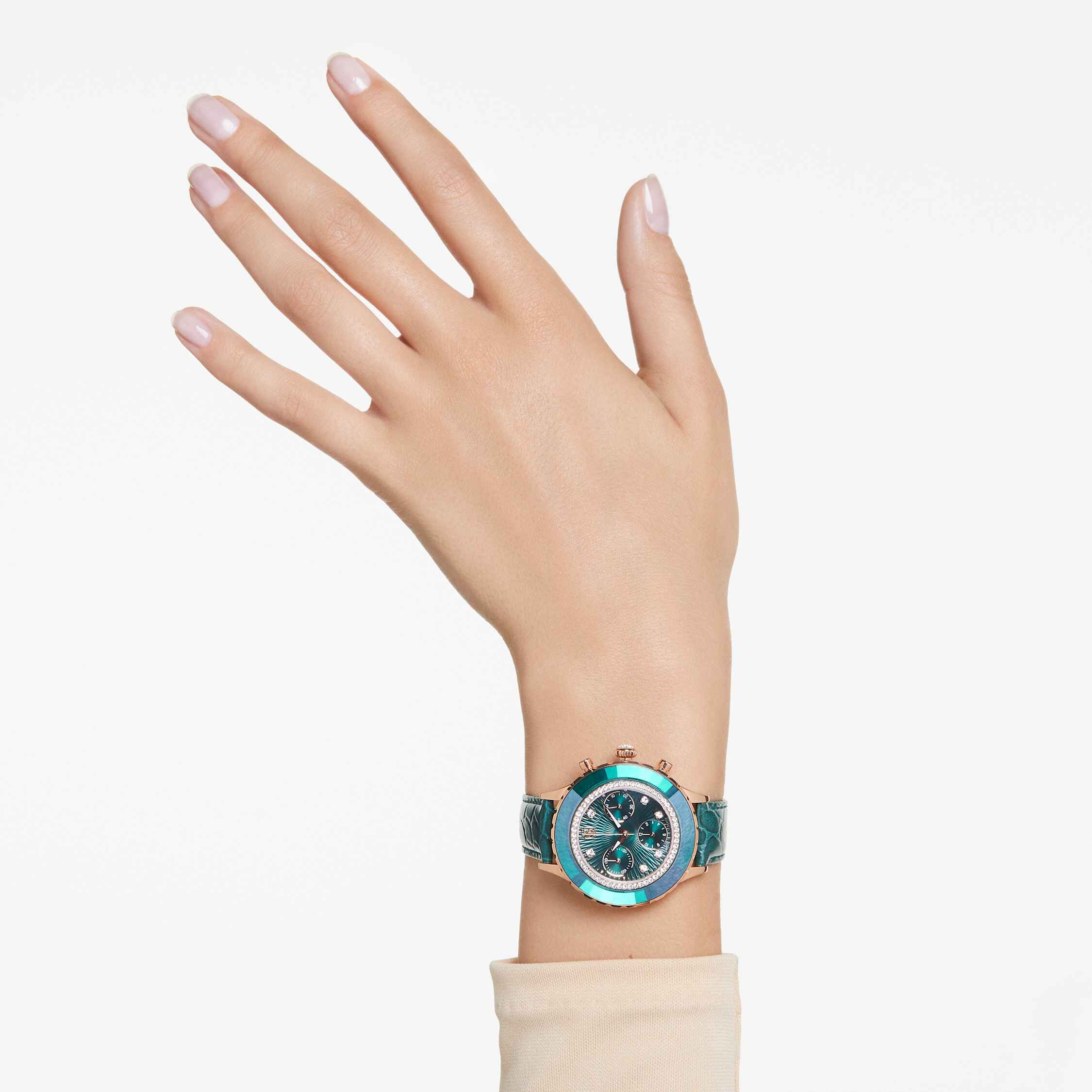swarovski ساعة يد octea chrono، صناعة سويسرية، سوار جلد، لون أخضر، لمسة نهائية بلون ذهبي وردي
