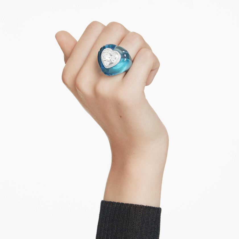 swarovski خاتم كوكتيل dulcis، قطع على شكل قلب، كريستالات مُتراصَّة، شكل قلب، لون أزرق
