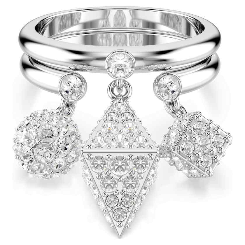 swarovski خاتم dextera، طقم  2 قطعة ، كرة ومكعب، لون أبيض، طلاء روديوم