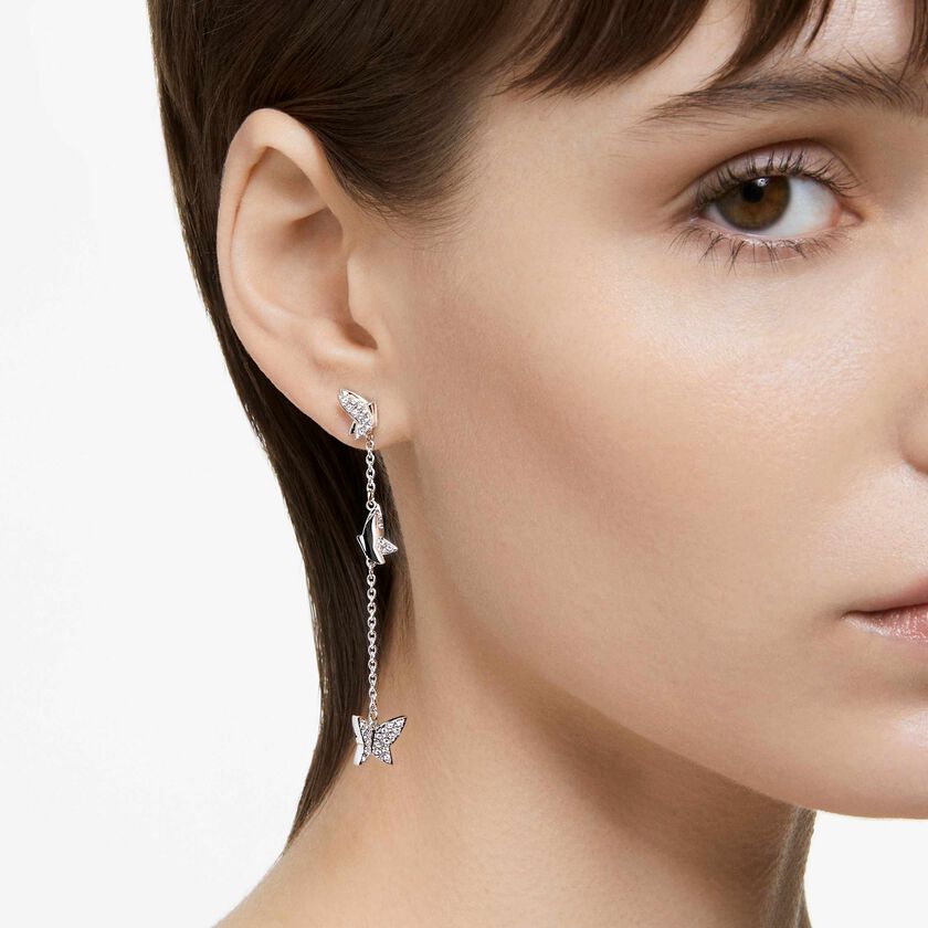 swarovski أقراط متدلية lilia، مزينة بفراشة، طويلة، لون أبيض، طلاء روديوم