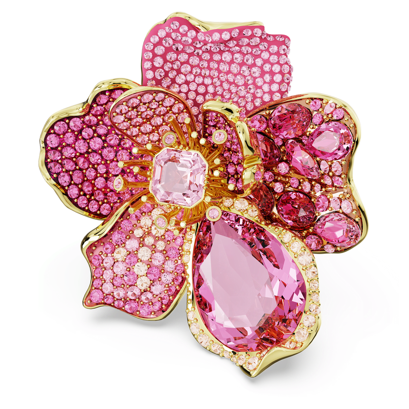 swarovski خاتم كوكتيل idyllia، كريستالات متراصة، على شكل زهرة، لون وردي، طلاء بلون ذهبي