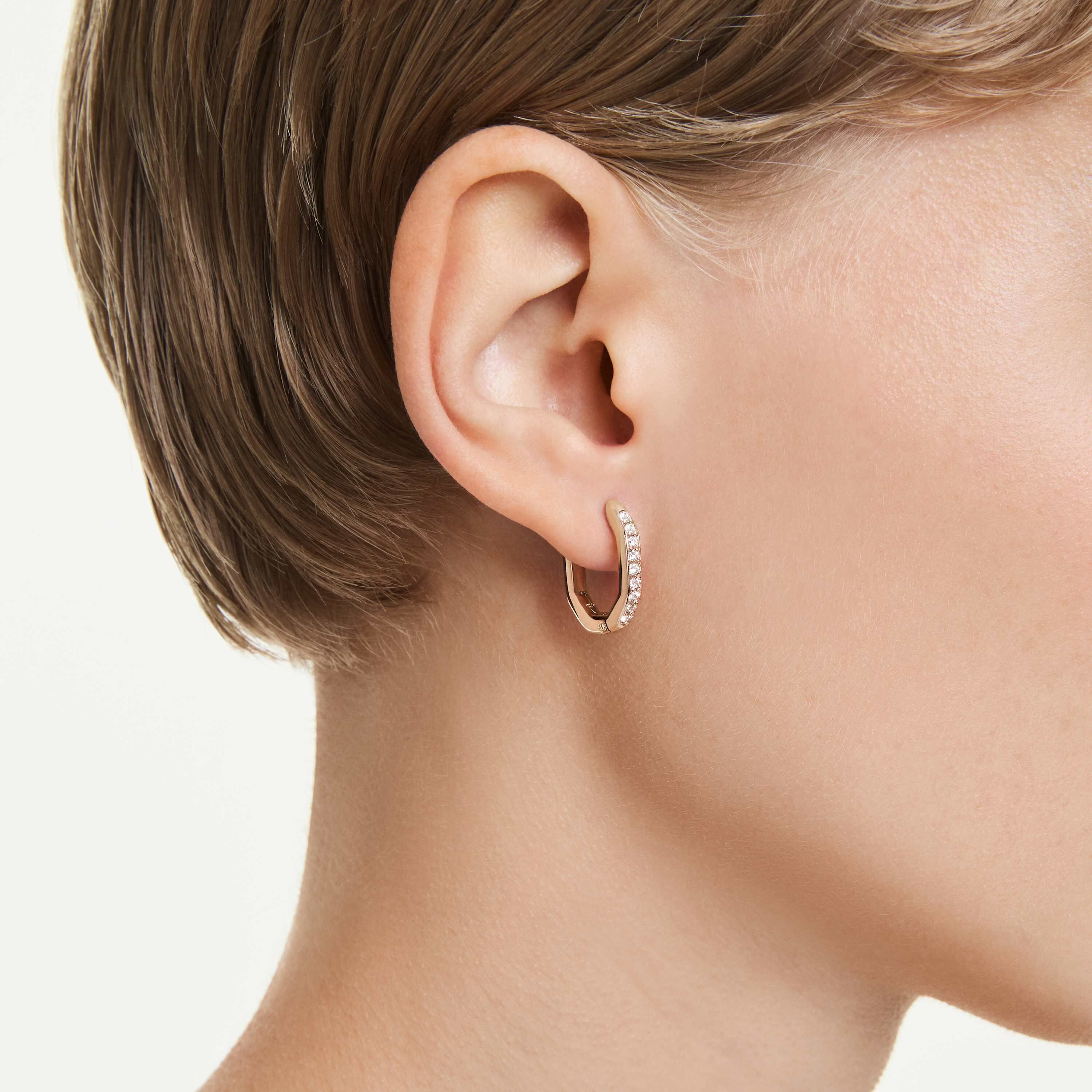 swarovski dextera hoop earrings  octagon shape  round cut  small  white  rose gold tone plated