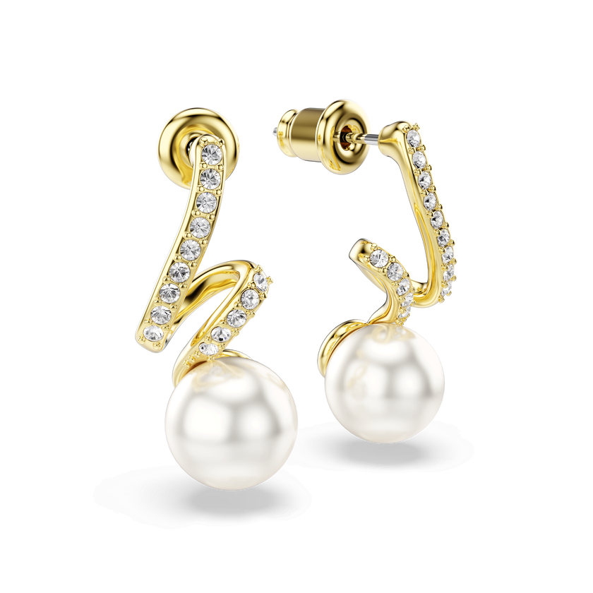 swarovski أقراط gabriella، لؤلؤ كريستالي، قطع مُستدير، لون أبيض، لمسة نهائية من الذهب عيار 18 قيراط
