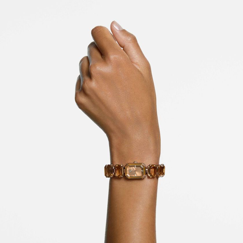 swarovski ساعة، سوار بقطع مثمن، لون بني، لمسة نهائية بلون ذهبي شامبين