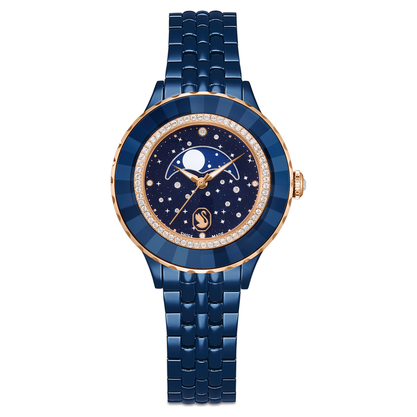 swarovski ساعة قمرية octea، سويسرية الصنع، سوار معدني، لون أزرق، لمسة نهائية باللون الأزرق