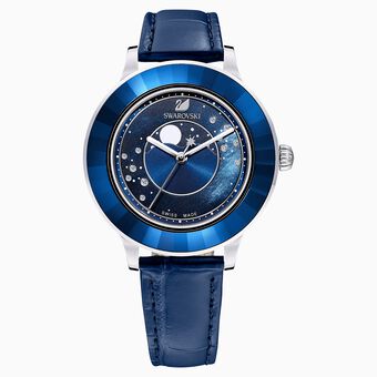 ساعة Octea Lux Moon، حزام جلد، لون أزرق داكن، ستانلس ستيل