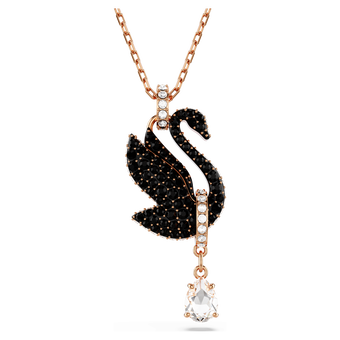 قلادة swarovski swan، على شكل بجعة، لون أسود، طلاء ذهبي وردي