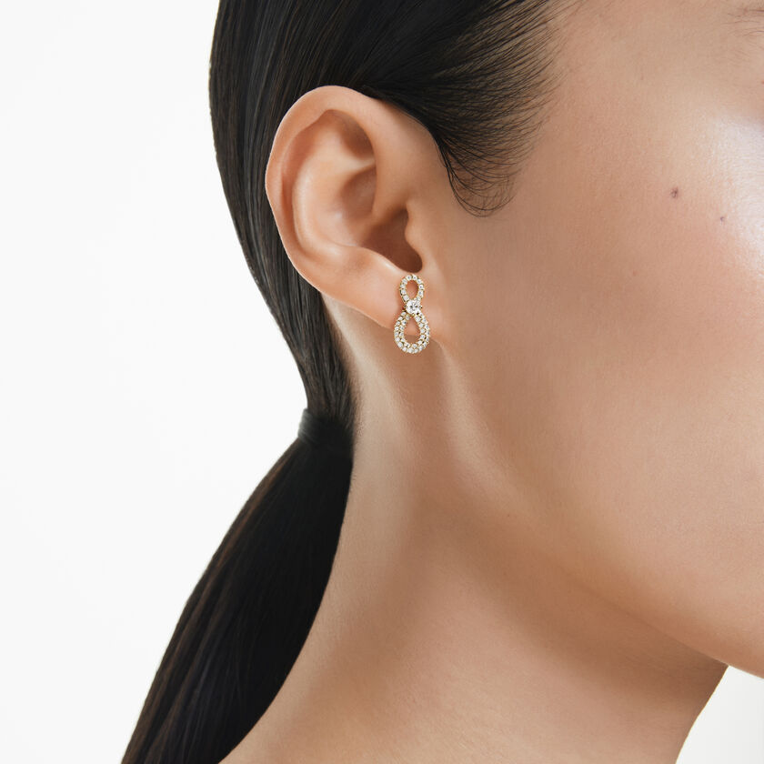 swarovski أقراط دبوسية hyperbola، قطع مستدير، أحجار كريستال صغيرة متراصة، شكل إنفينيتي، لون أبيض، طلاء روديوم