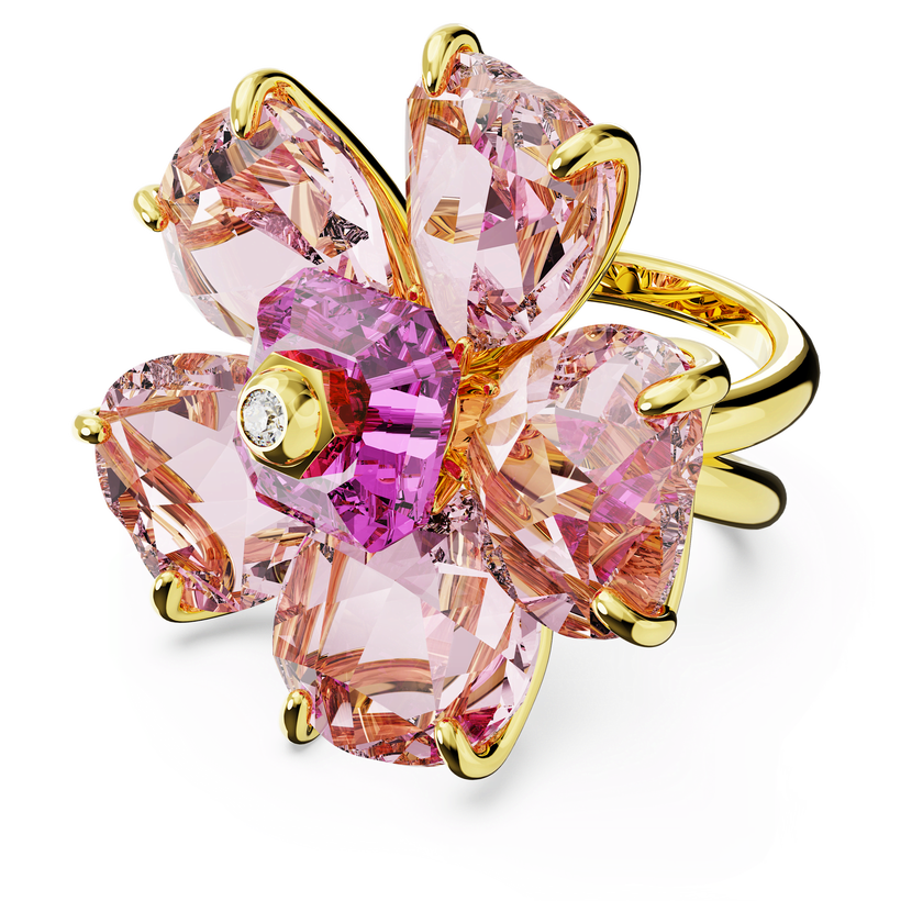 swarovski خاتم كوكتيل idyllia، على شكل زهرة، لون وردي، طلاء بلون ذهبي