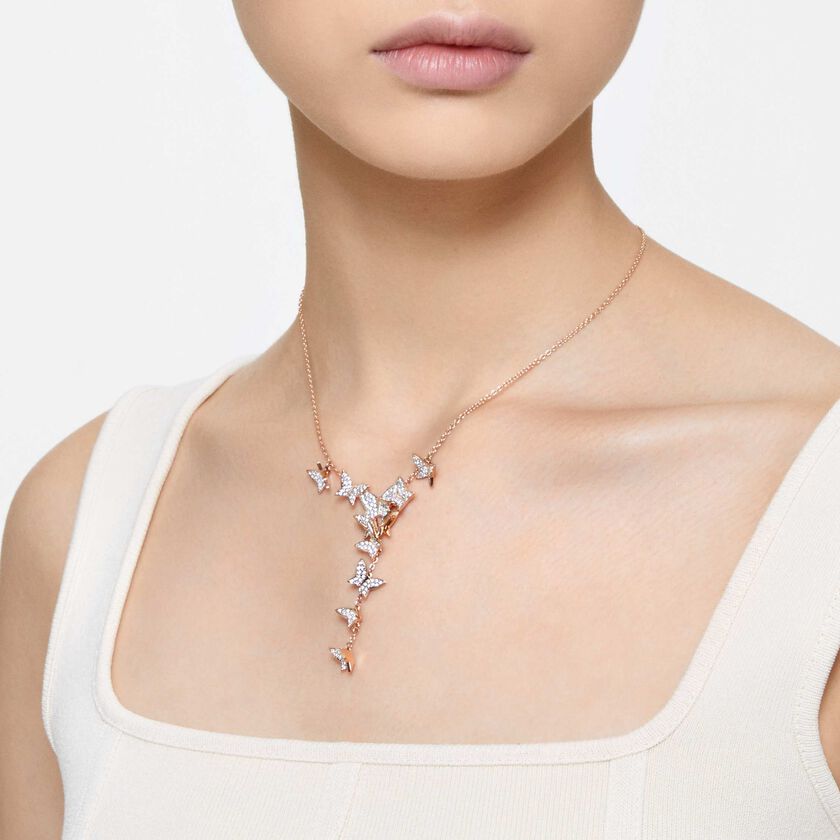 swarovski عقد lilia على شكل حرف y، مزين بفراشة، لون أبيض، طلاء ذهبي وردي