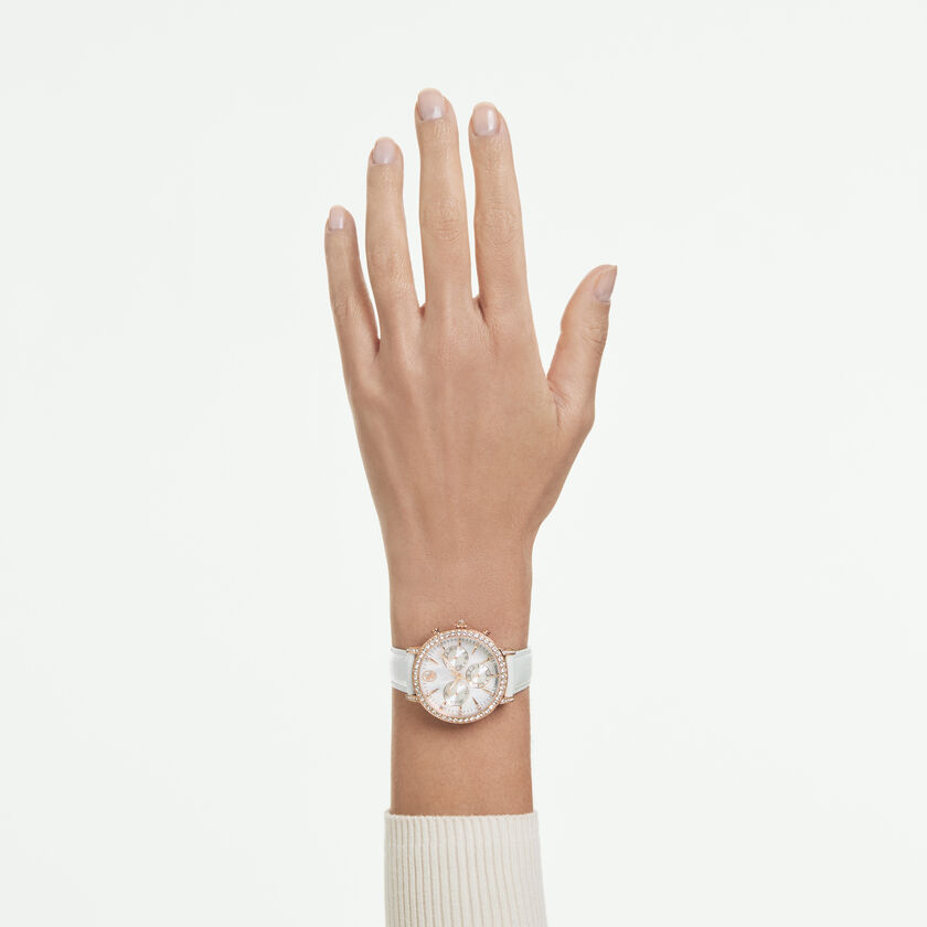 swarovski ساعة تنس كرونو matrix، صناعة سويسرية، حزام جلد، لون أبيض، لمسة نهائية بلون ذهبي وردي