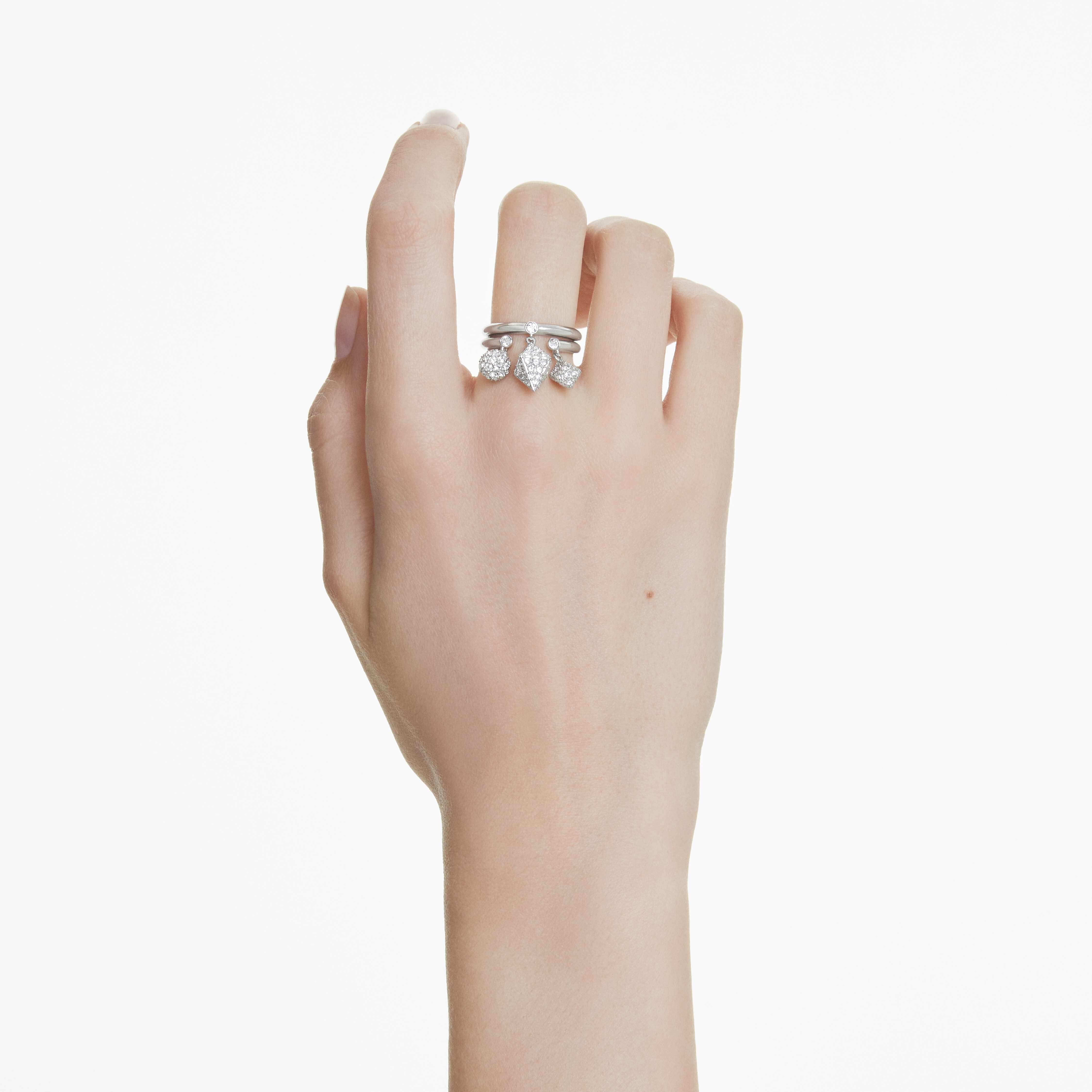 swarovski خاتم dextera، طقم  2 قطعة ، كرة ومكعب، لون أبيض، طلاء روديوم