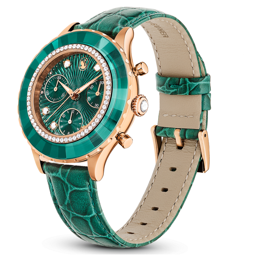 swarovski ساعة يد octea chrono، صناعة سويسرية، سوار جلد، لون أخضر، لمسة نهائية بلون ذهبي وردي