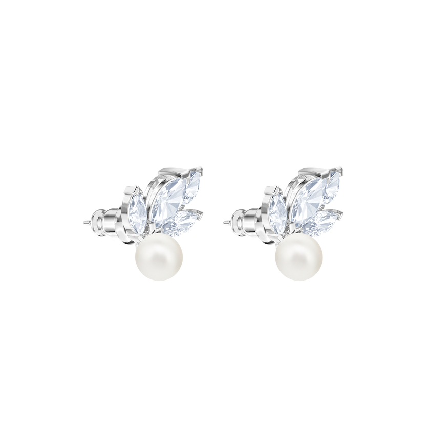 swarovski أقراط دبوسية louison مزينة بلؤلؤة، على شكل ورقة شجر، لون أبيض، طلاء روديوم