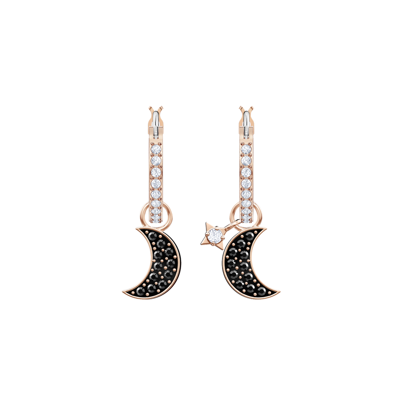 swarovski أقراط متدلية symbolic من سواروفسكي، على شكل قمر ونجمة، لون أسود، طلاء باللون الذهبي الوردي