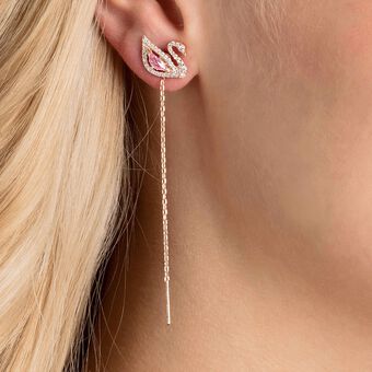 swarovski أقراط متدلية swan، على شكل بجعة، لون وردي، طلاء ذهبي وردي