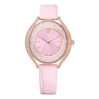 swarovski ساعة crystalline aura، صناعة سويسرية، سوار جلد، لون وردي، لمسة نهائية بلون ذهبي وردي