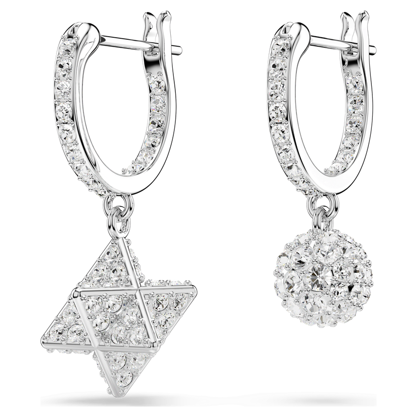 swarovski أقراط متدلية dextera، تصميم غير متماثل، قطع مستدير، نجمة وكرة، لون أبيض، طلاء روديوم