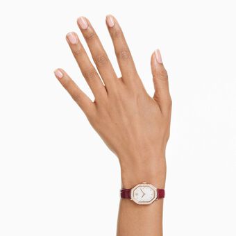 swarovski ساعة يد dextera octagon، صناعة سويسرية، سوار جلد، لون أحمر، طلاء باللون الذهبي الوردي