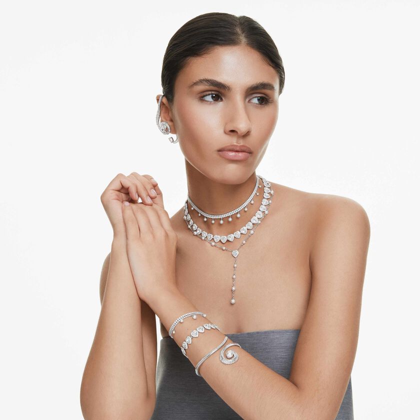 سوار ariana grande x swarovski، لؤلؤ كريستال، قطع باغيت، لون أبيض، طلاء روديوم