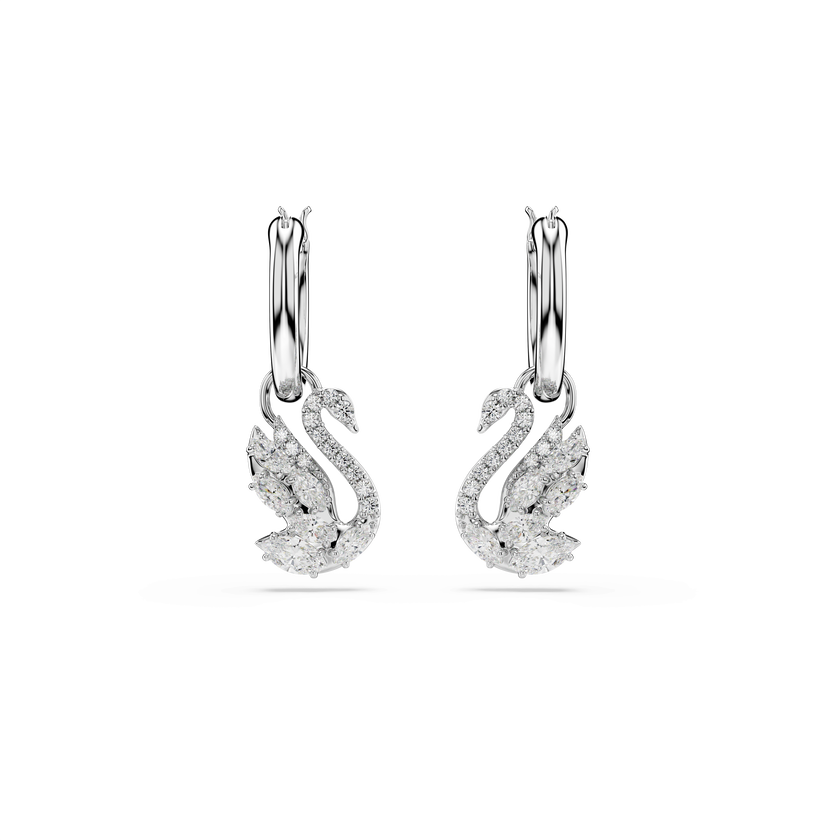 swarovski أقراط متدلية swan، قطع متنوع، بجعة، لون أبيض، طلاء روديوم
