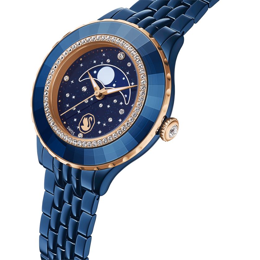 swarovski ساعة قمرية octea، سويسرية الصنع، سوار معدني، لون أزرق، لمسة نهائية باللون الأزرق