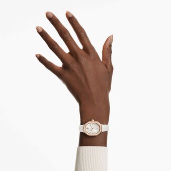 swarovski ساعة dextera octagon، صناعة سويسرية، سوار جلد، لون أبيض، لمسة نهائية بلون ذهبي وردي