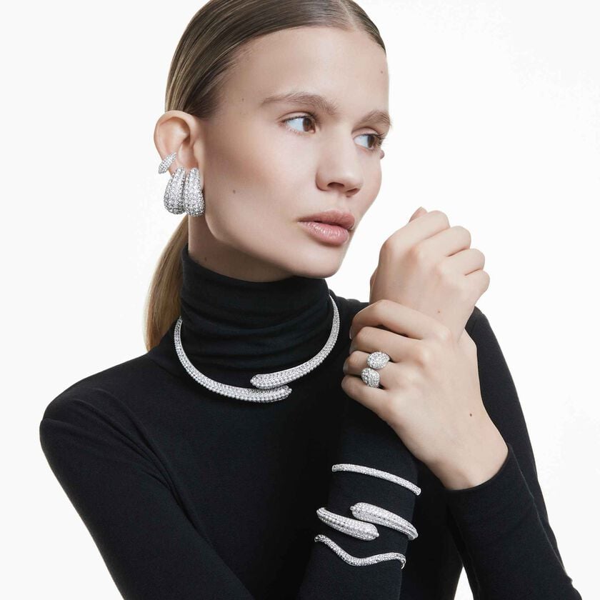 swarovski خاتم كوكتيل sublima، قطع مستدير، لون أبيض، طلاء روديوم