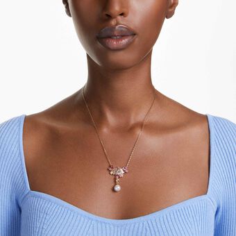 swarovski قلادة gema، قطع متنوع، لؤلؤة كريستال، شكل زهرة، لون وردي، طلاء بلون ذهبي