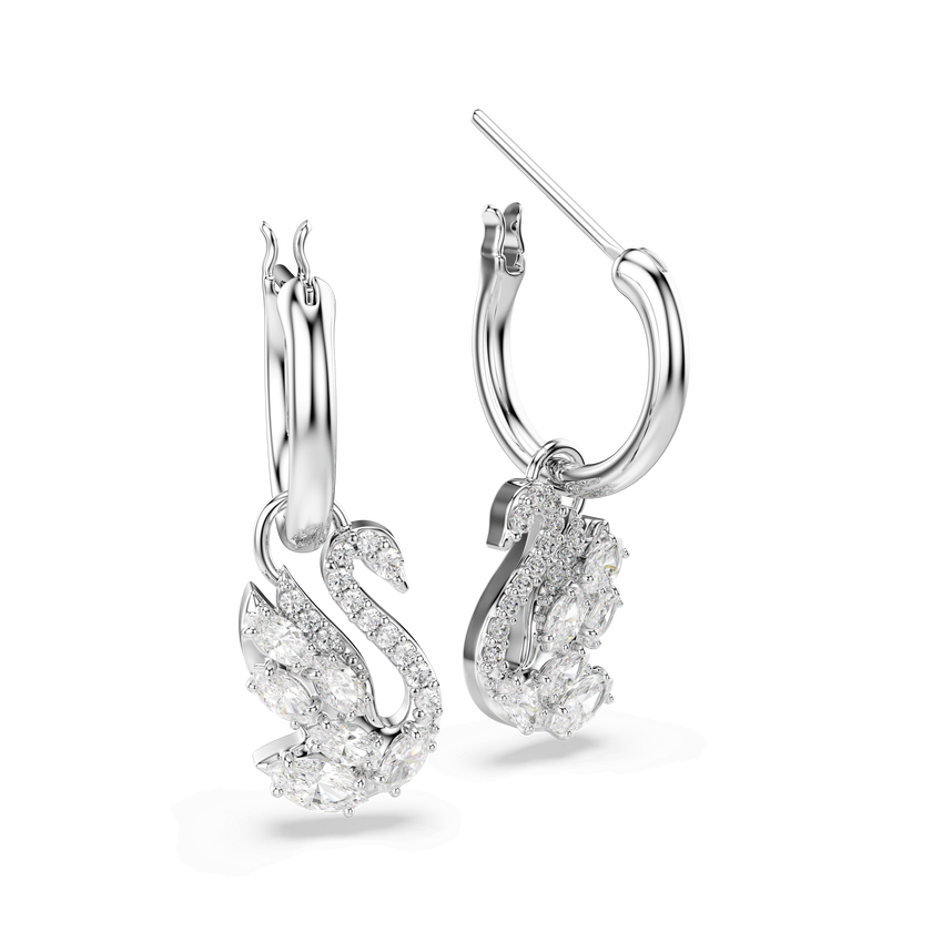 swarovski أقراط متدلية swan، قطع متنوع، بجعة، لون أبيض، طلاء روديوم