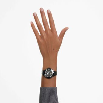 swarovski ساعة يد octea moon، صناعة سويسرية، سوار معدني، رسمة قمر، لون أسود، لمسة نهائية باللون الأسود