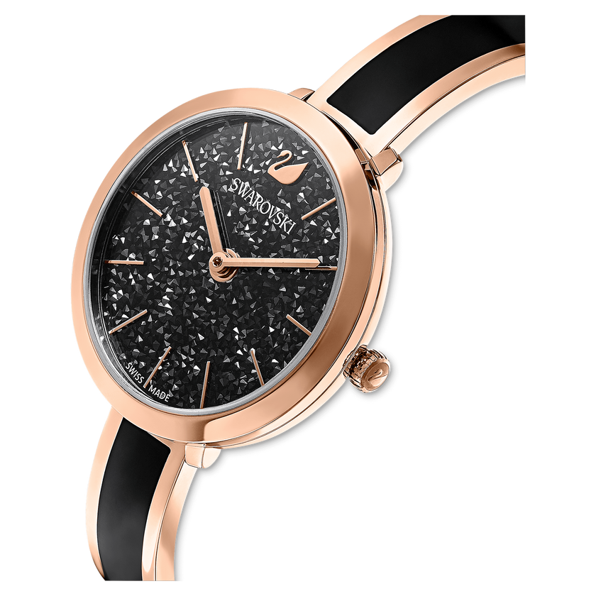 swarovski ساعة crystalline delight، صناعة سويسرية، سوار معدني، لون أسود، لمسة نهائية بلون ذهبي وردي