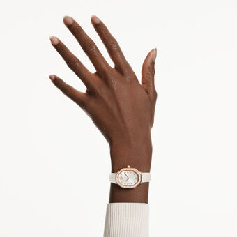 swarovski ساعة dextera بتصميم مُثَمَّن، صناعة سويسرية، سوار جلد، لون أبيض، لمسة نهائية باللون الذهبي الوردي