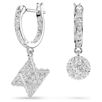 swarovski أقراط متدلية dextera، تصميم غير متماثل، قطع مستدير، نجمة وكرة، لون أبيض، طلاء روديوم