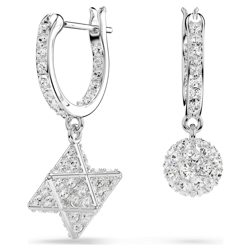 swarovski أقراط متدلية dextera، تصميم غير متماثل، قطع مستدير، نجمة وكرة، لون أبيض، طلاء روديوم