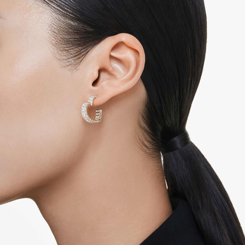 swarovski أقراط حلقية matrix، قطع باغيت، شكل قلب، حجم صغير، لون أبيض، طلاء باللون الذهبي