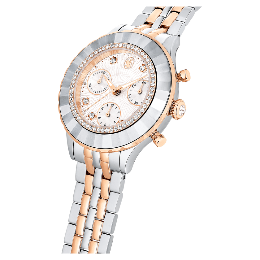 swarovski ساعة يد octea chrono، صناعة سويسرية، سوار معدني، لون ذهبي وردي، لمسة نهائية من معادن مختلطة