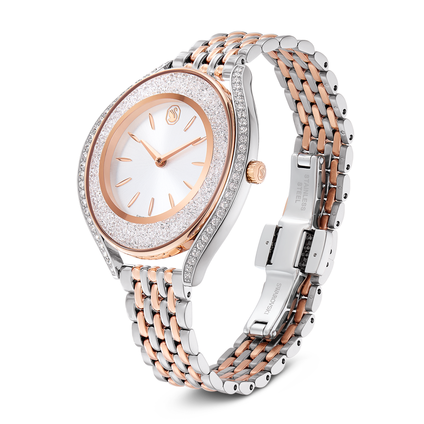 swarovski ساعة crystalline aura، صناعة سويسرية، سوار معدني، لون ذهبي وردي، لمسة نهائية من معادن مختلطة