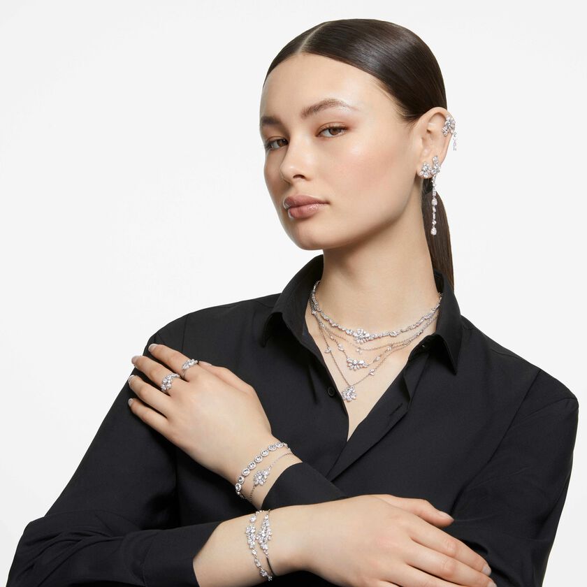 swarovski أقراط دبوسية mesmera، قطع متنوع، شكل زهرة، لون أبيض، طلاء روديوم