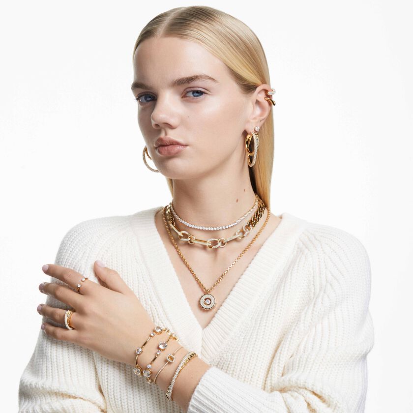swarovski أقراط دبوسية stilla، قطع مستدير، لون أبيض، طلاء بلون ذهبي
