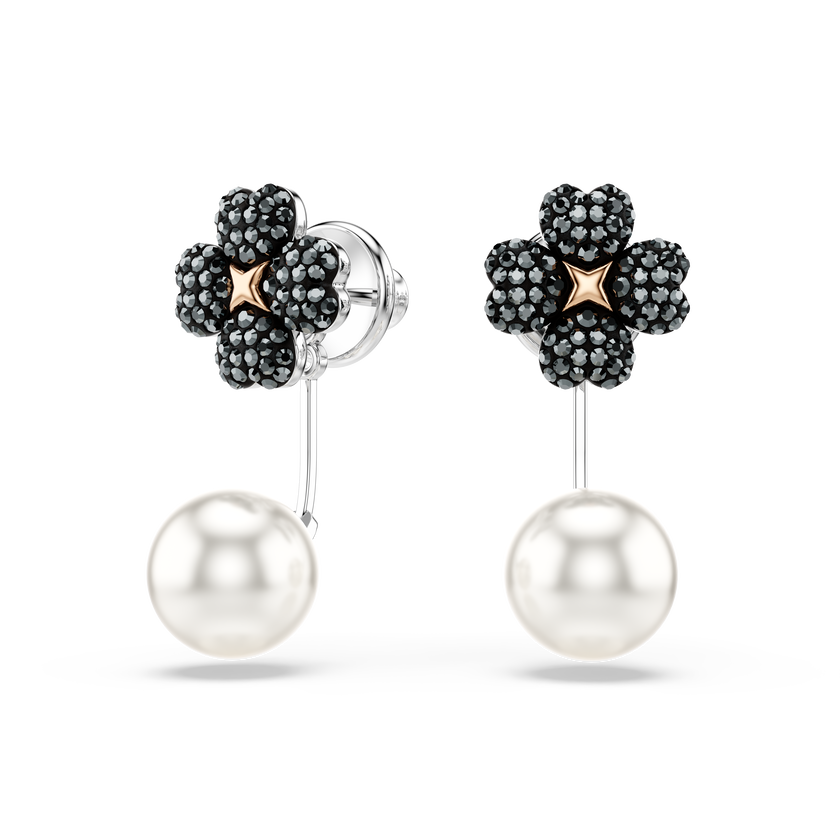swarovski أقراط latisha، أحجار كريستال صغيرة متراصة، شكل زهرة برسيم، لون أسود، لمسة نهائية من معادن مختلطة