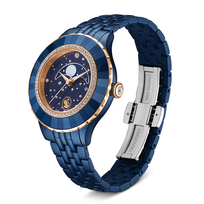 swarovski ساعة قمرية octea، سويسرية الصنع، سوار معدني، لون أزرق، لمسة نهائية باللون الأزرق