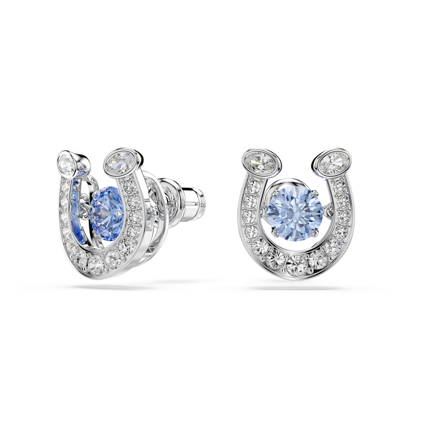 swarovski أقراط دبوسية symbolica، قطع مستدير، أحجار كريستال صغيرة متراصة، شكل حدوة حصان، لون أزرق، طلاء روديوم