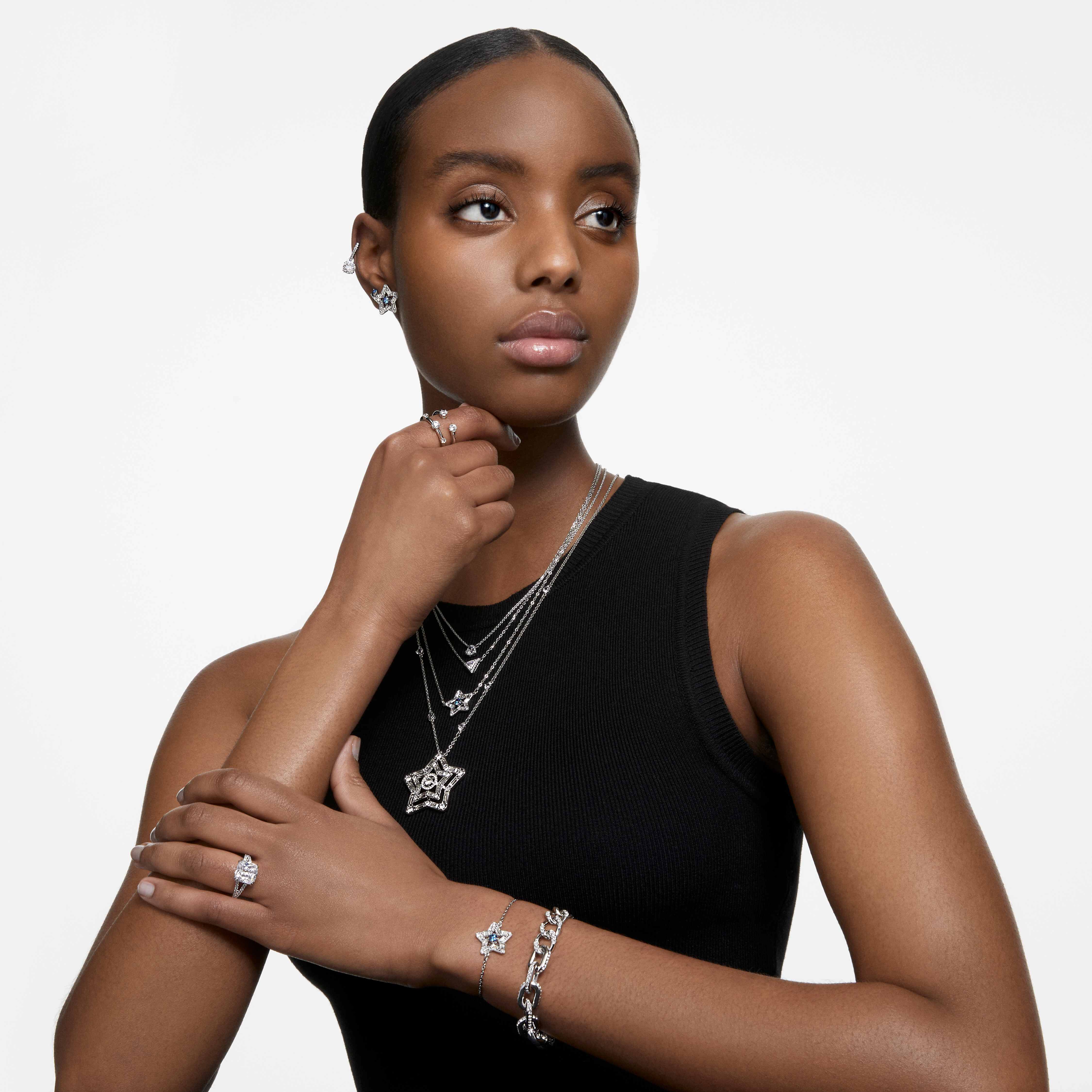 swarovski خاتم stilla، قطع مربع، لون أبيض، لمسة نهائية باللون الفضي