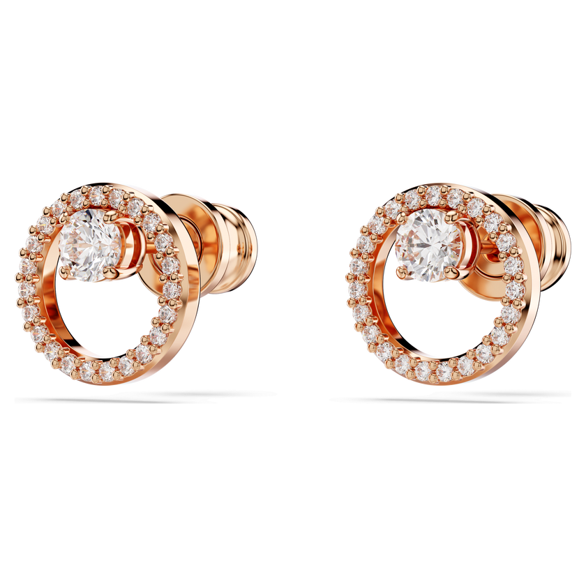 swarovski أقراط دبوسية constella، قطع مستدير، لون أبيض، طلاء باللون الذهبي الوردي