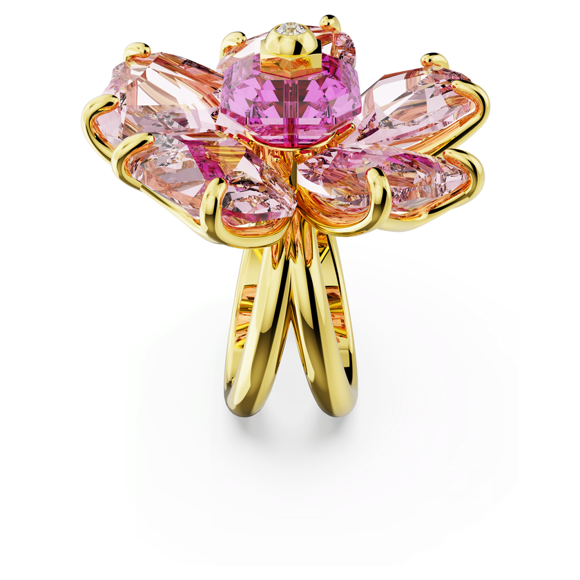swarovski خاتم كوكتيل idyllia، على شكل زهرة، لون وردي، طلاء بلون ذهبي